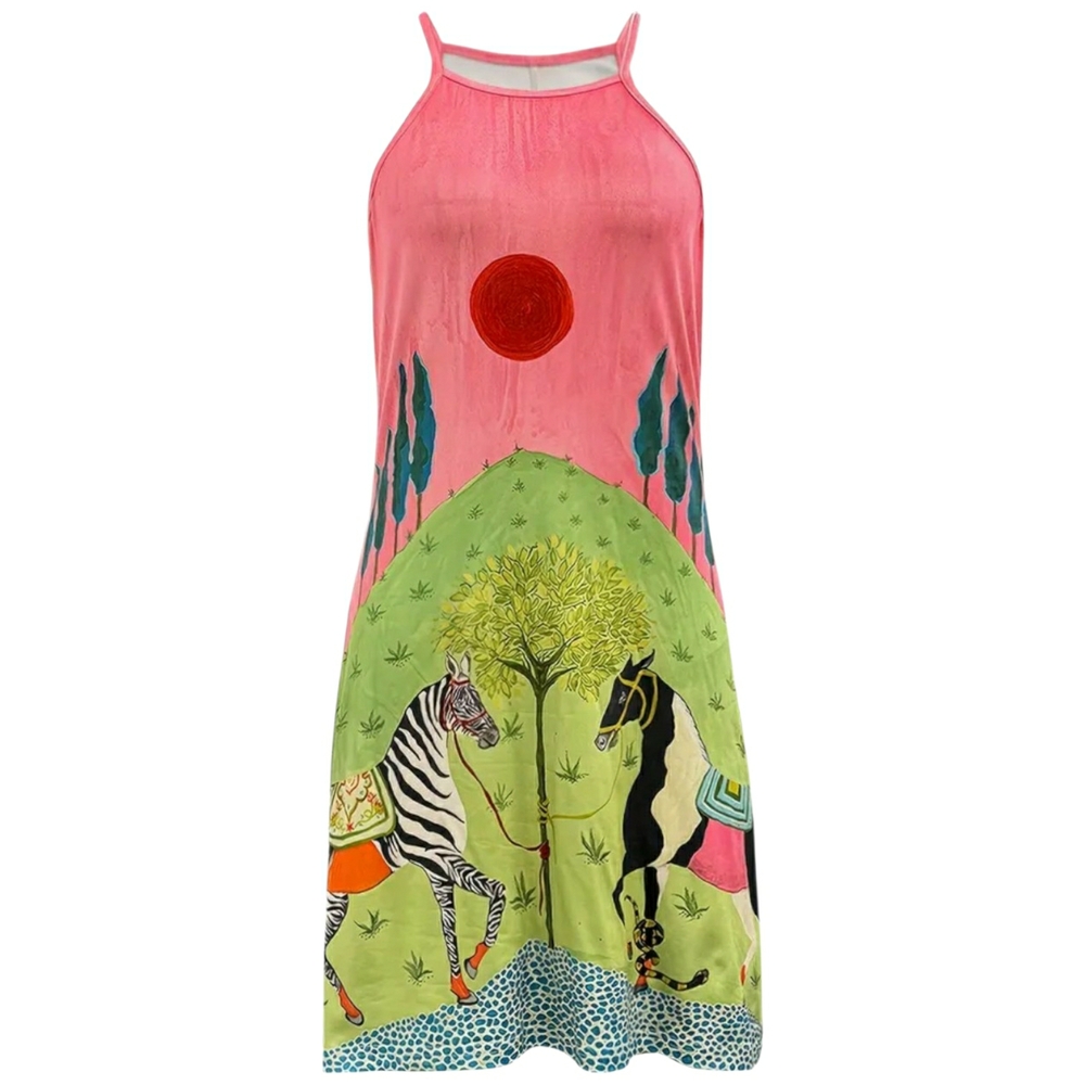 NEW! Pink & Green Halter Mini Dress - Artsy Horse & Zebra Design (Multple Sizes) - Picture 2 of 4
